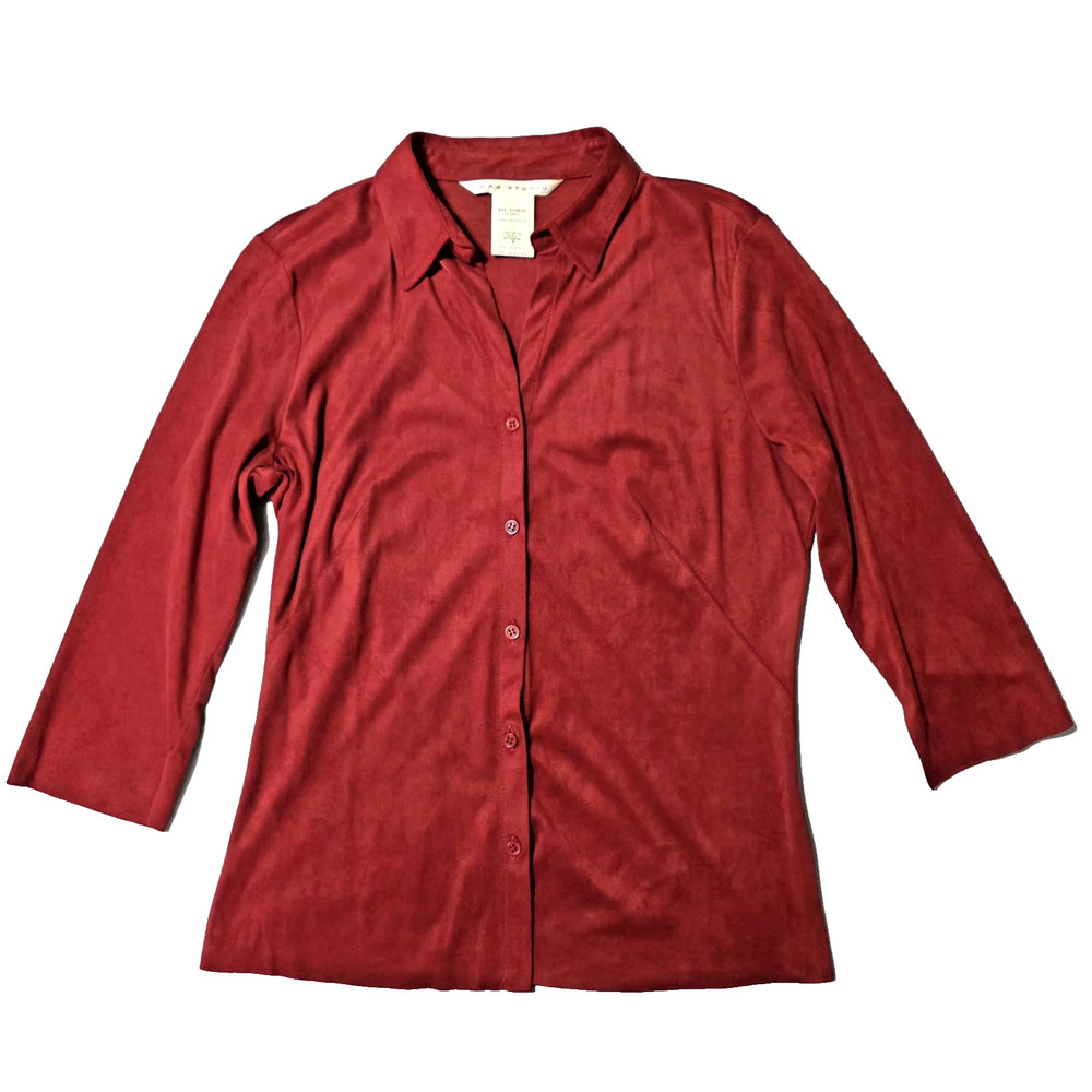Max Studio Red Faux Suede Button Down Shirt Y2K Vintage Size Medium Made in USA